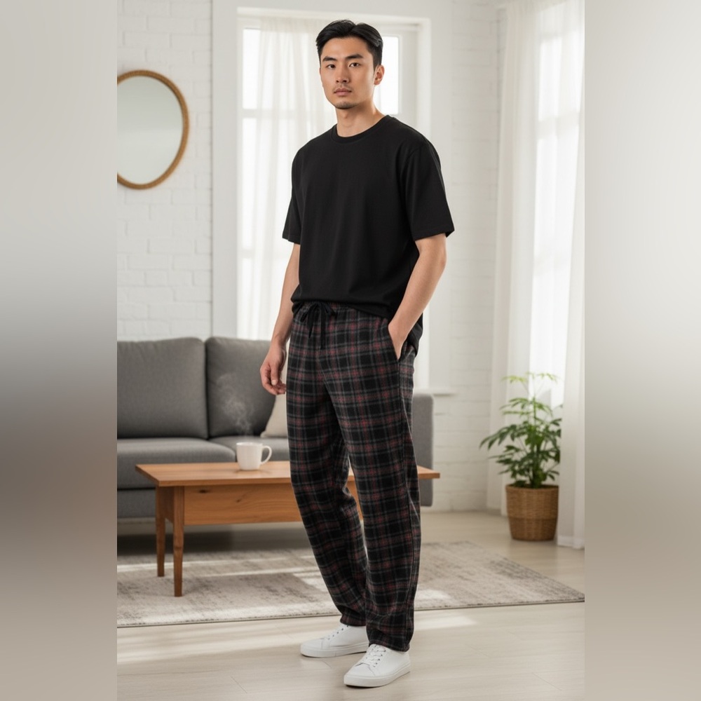 Perry Ellis: Flannel Grey Plaid Pants Set in XL